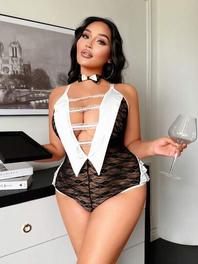 大码撞色蕾丝拼布性感内衣紧身衣