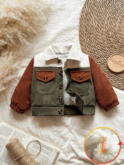 Vintaside Kids 1pc Baby Boys Contrast Color Patchwork Corduroy Jacket, Thermal Lined, Suitable For Everyday Wear, Baby/Toddler Jacket, Baby/Toddler Outerwear
