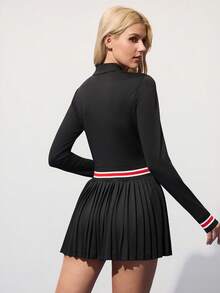 CourtClass Women's Zip-Up Polo Collar Striped Long Sleeve Pleated Hem Sports Dress With Shorts Tennis Dress Long Sleeve Tennis Dress Black Tennis Dress Polo Dress Tummy Control Tennis Dress Tennis Skirt Set Pleated Tennis Dress Tennis Dress With Shorts Zip Up Tennis Dress Long Sleeve Tennis Outfit