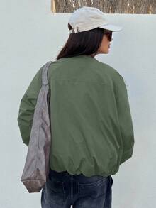 DAZY 女款撞色領寬鬆休閒街頭厚款冬季外套大衣 度假穿搭 - 軍綠色 - 查看 2