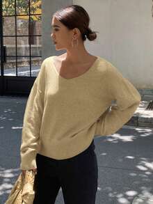 DAZY 女式休闲宽松纯色V领长袖毛衣 - 綠色 - 查看 4