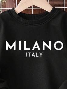 Sparklyn 2件套少女休闲白色字母印花圆领卫衣和运动裤套装，保暖秋季日常穿着 - 黑色 - 查看 5