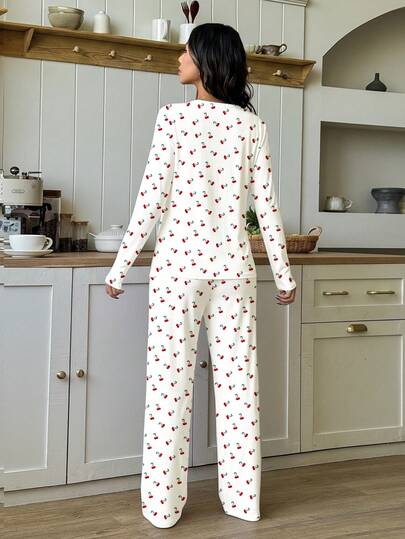 Vintage Sweet Super Schattige Mini Cherry Print, Stylish Lazy Vibe, Bm, Ballerina Dopamine, Teen Girl Round Neck Raglan Sleeve Shirt Plaid Pattern Loose Pajama Pants Pieces Set, Cozy Season, Vibes, s, Easy Com t, Girls, Wear, New Fall view 2