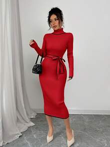 Elenzga Women's Elegant High Neck Fitted Ribbed Texture Bowknot Knit Sweater Dress - Red - View 4