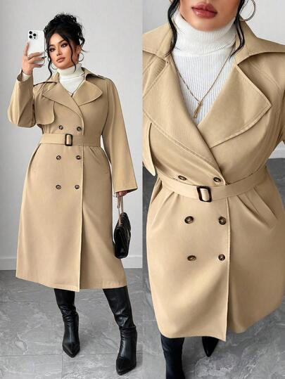 Elenzga 大码女式休闲简约双排扣腰带喇叭形翻领中长款风衣，秋季