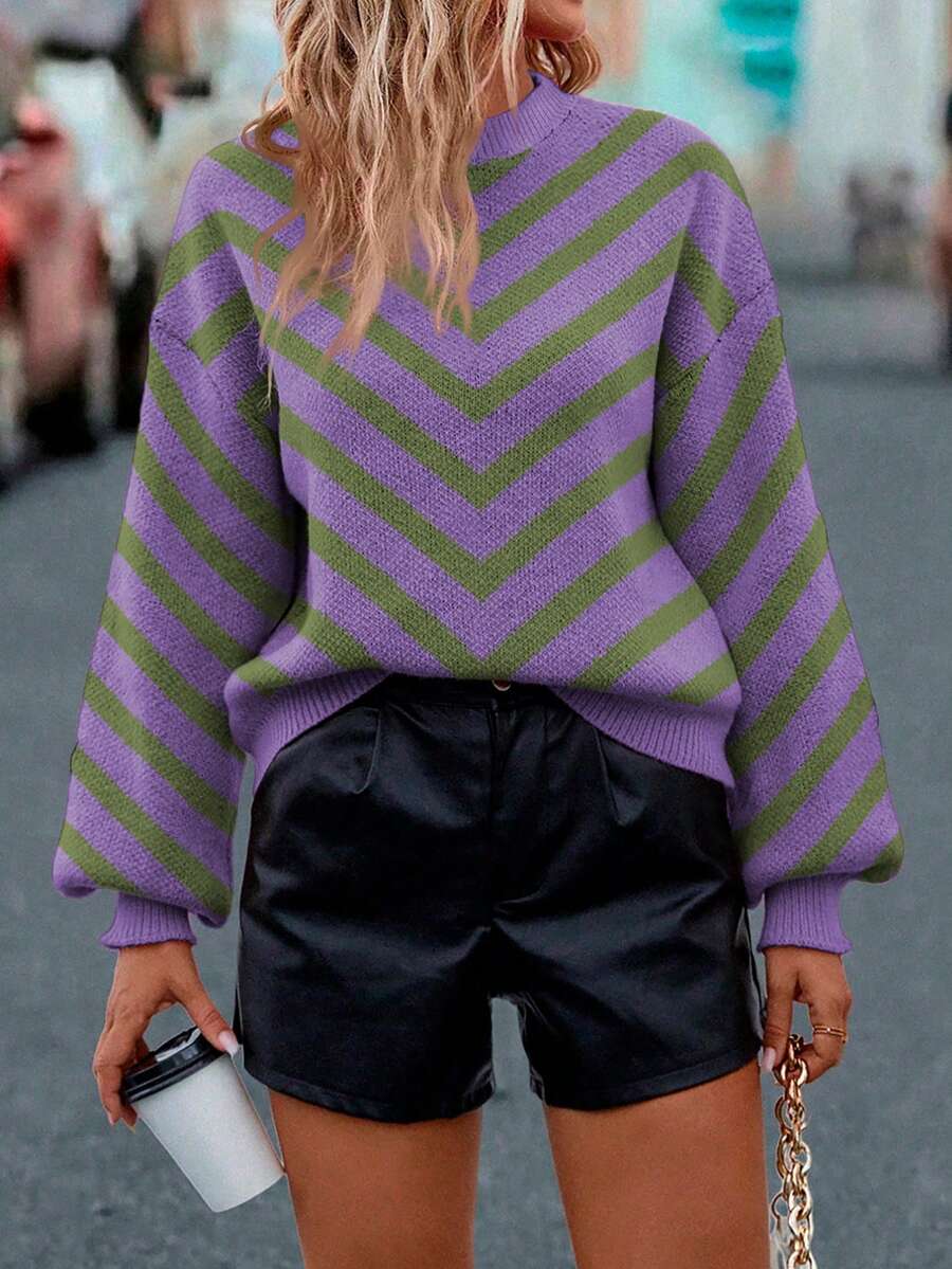 SHEIN LUNE Women's Casual Dropped Shoulder Loose Zigzag Pattern Sweater, Autumn/Winter - Purple - View 1