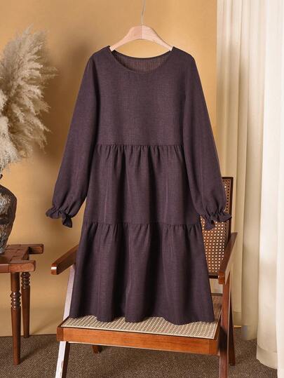Rusticease Women's Solid Color Round Neck Long Sleeve Pleated Casual Midi Dress, Versatile Winter Dress Winter Clothes For Women  New Year Dress  Brown Dress