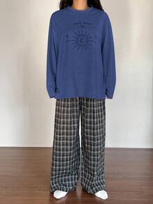 DAZY 1 Set Piyama Wanita Lengan Panjang Longgar dan Nyaman dengan Motif Cetak, Pakaian Musim Dingin - Royal Blue - View 5