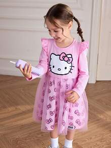 HELLO KITTY AND FRIENDS | SHEIN Young Girl Sweet Cute Print Round Neck Long Sleeve Mesh Bow Allover Print Flared Hem Knit Pink Dress - Pink - View 3
