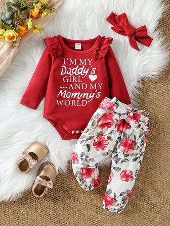 SHEIN Vintaside Kids Baby Girl Slogan Print Crew Neck Long Sleeve Romper And Floral Print Pants Cute 2-Piece Set
