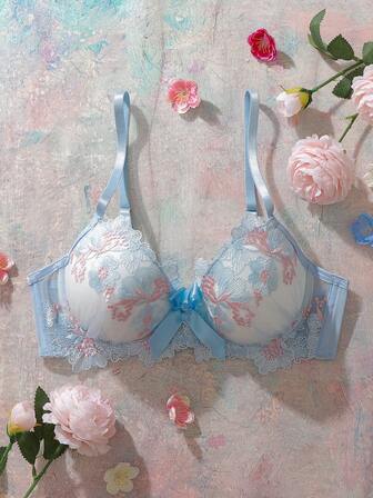 FloralLove Bygel, Formgjuten kupa, Lyft & Förstärk, Mesh-inlägg, Broderi, Rosettdekor, Romantisk blommig damunderkläder-BH