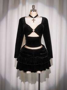 SHEIN ICON Plus Size High Waist Ruffle Hem Velvet Skirt - Black - View 3