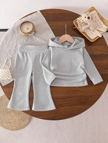 SHEIN 女婴时尚连帽长袖卫衣和喇叭裤套装 - 灰色 - 查看 1