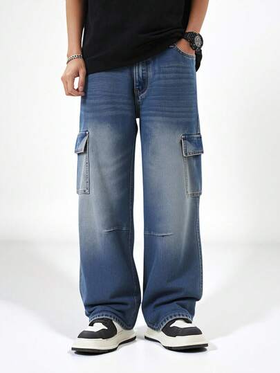 SHEIN Explorewe 复古做旧宽松舒适百搭休闲直筒牛仔裤，适合青少年男孩，适合日常上学或外出穿着