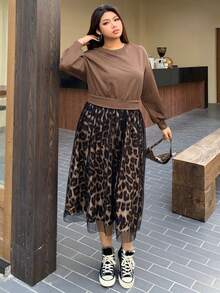 Dazy Petite Plus Black Leopard Print Mesh Patchwork Sweatshirt Dress, Spring/Autumn - Brown - View 4