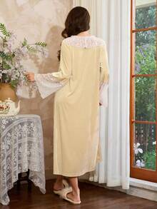 Côtesoire Camisón elegante de mujer con estilo francés, con volantes de encaje y contraste de color, para otoño e invierno - Albaricoque - Ver 2