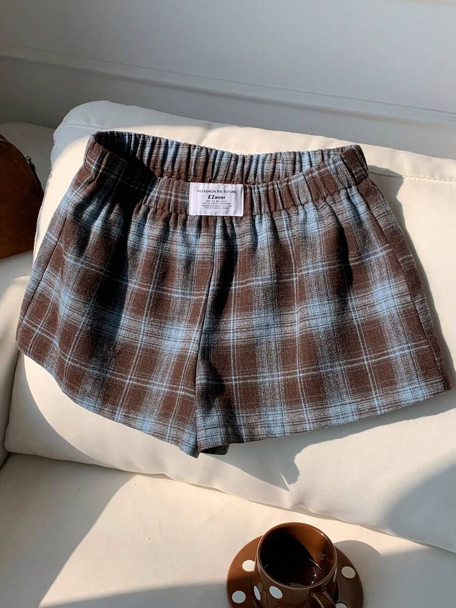 SHEIN Tween Girls' Casual Plaid Straight Leg Shorts - Blue - View 1