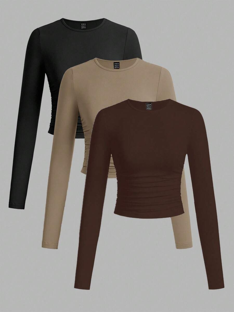 SHEIN EZwear 3件套女士休闲纯色圆领褶皱长袖T恤，秋冬 - 彩色 - 查看 1
