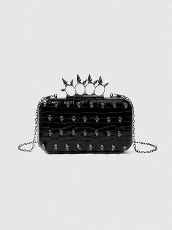Grunge Punk Women Evening Clutch Bag, Simple Solid Color With Rivet Decor, Fashion
