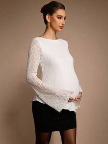 MaterniChic Pregnant Women's Round Neck Flare Sleeve Lace Ruffle Hem Elegant T-Shirt White Top Chic Evening Elegant  Pregnancy Photoshoot - Apricot - View 3