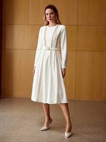 MOTF PREMIUM WOMEN'S ELEGANT COMMUTER RHINESTONE LACE PATCHWORK DRESS - White - View 4