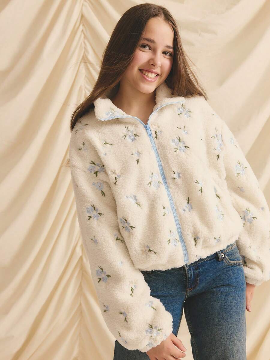 Teen GirlCasual Cute Floral Embroidered Fleece Jacket, Autumn/Winter - Multicolor - View 1