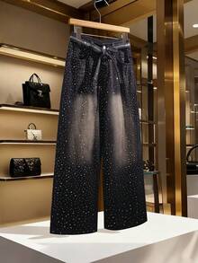 GlowEve Women's Fashion Commuter Rhinestone Embellished Wide Leg Jeans Rhinestone Pants Glitter Jeans Bling Jeans Women Wide Leg Pants Star Pants - Black - View 1