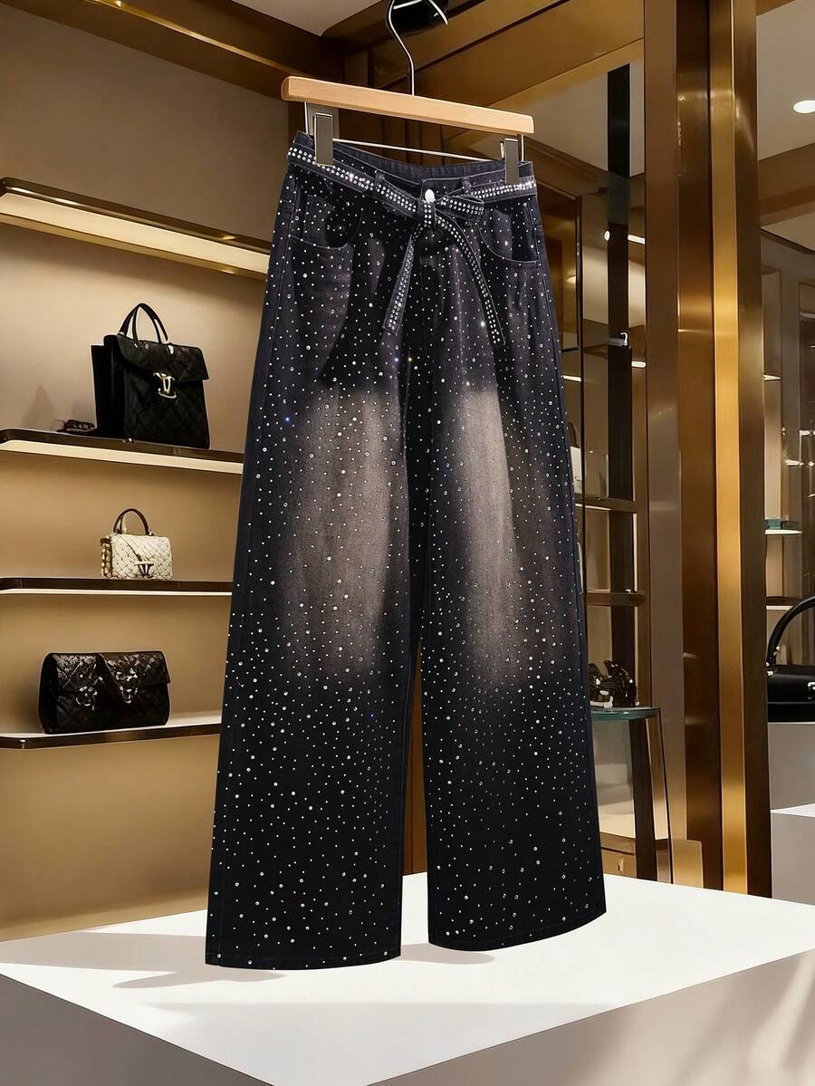 GlowEve Women's Fashion Commuter Rhinestone Embellished Wide Leg Jeans Rhinestone Pants Glitter Jeans Bling Jeans Women Wide Leg Pants Star Pants - Black - View 1