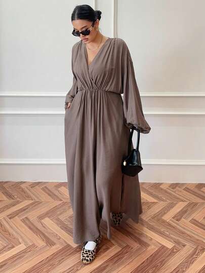 Dazy Plus Plus Size Women V-Neck Lantern Sleeve Waist Cinched Long Dress, Suitable For Dates And Parties, Spring/Autumn