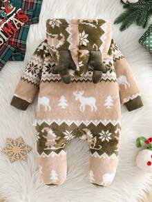 Newborn Baby Christmas Santa Snowflake Deer Pattern Flannel Footed Romper,Warm Long Sleeve Winter Clothes Gift,Beige,Autumn,Cute,Family Matching - Green - View 2