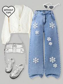 ChillGRL Tween Girls New Fashion Distressed Snowflake Embroidered Wide-Leg Jeans Snowflake Jeans Embroidered Jeans Jean Pants Embroidery Christmas Clothes Jeans With Bows Flower Jeans Tween Jean Pants Embroidery - Light Wash - View 4