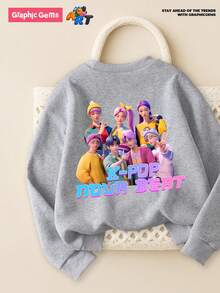 GraphicGems 年轻女孩休闲舒适时尚百搭创意 K-POP 恶魔猎人卡通女孩图案保暖内衬圆领运动衫，适合秋冬季外出 - 灰色 - 查看 1