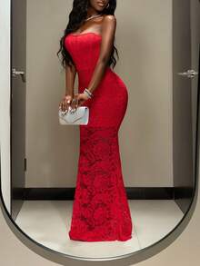 Slaydiva Trang phục thường ngày ngày lễ tình nhân mùa thu đông mới phù hợp cho các buổi hẹn hò hàng ngày, đi làm, công sở, nữ tính, thanh lịch, bãi biển, tiệc du thuyền, đơn giản, phổ biến trực tuyến, tiệc sinh nhật, tiệc cao cấp, váy dạ hội, váy đuôi cá trễ vai gợi cảm và lãng mạn, váy ren đỏ, váy ôm vừa vặn và váy dài siêu dài dành cho nữ -G - Đỏ - Xem 4