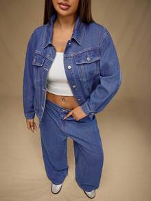 SHEIN Forever 21 大码女式口袋阔腿宽松休闲水洗深蓝色牛仔裤 - 藍色 - 查看 7