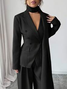 SHEIN Elenzya Women's Burgundy Thick Fabric V-Neck Asymmetric Collar Design Long Sleeve Blazer, Casual Jacket And Wide Leg Pants Set - Black - View 4