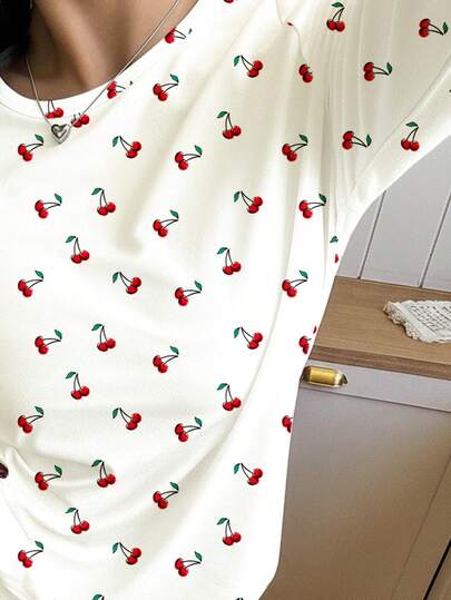 Vintage Sweet Super Schattige Mini Cherry Print, Stylish Lazy Vibe, Bm, Ballerina Dopamine, Teen Girl Round Neck Raglan Sleeve Shirt Plaid Pattern Loose Pajama Pants Pieces Set, Cozy Season, Vibes, s, Easy Com t, Girls, Wear, New Fall view 6