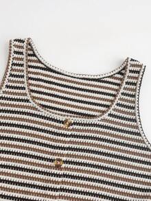 SHEIN VCAY Plus Size Women Summer Apricot Striped Button Decor Sleeveless Camisole - Brown - View 3