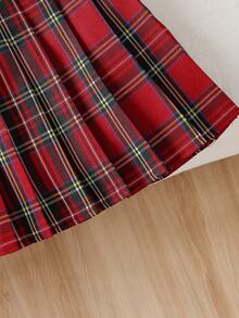 SHEIN Bộ 3 áo vest không tay cài nút, áo thun cổ lọ tay dài có gân và chân váy xếp ly kèm thắt lưng cho bé gái - Đỏ - Xem 6