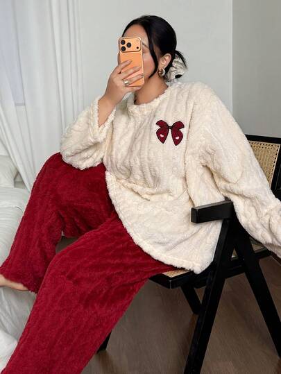 Jacquard Velvet Bow Embroidered Apricot Top And Red Pants, Casual Plus Size Cozy Pajama Set For Indoor And Outdoor Wear, Fluffy Winter Clothes