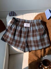 Comfortcana 女式格子印花贴片松紧腰休闲短裤 - 卡其色 - 查看 5