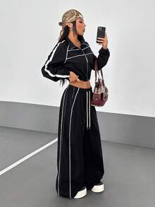 StreetHx Bộ 2 món áo khoác raglan tay dài có khóa kéo phía trước và quần ống rộng phong cách đường phố thể thao thoải mái dành cho nữ - màu đen - Xem 1