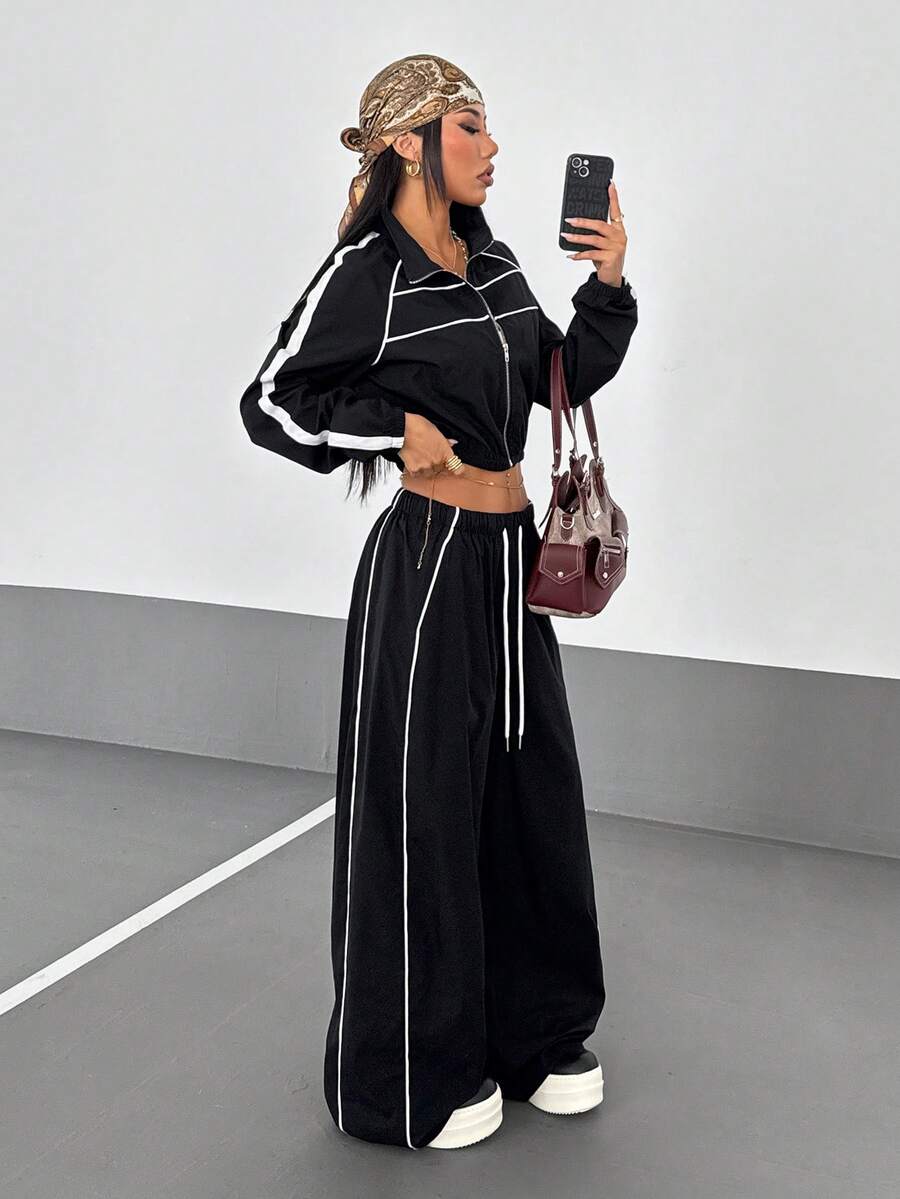 StreetHx Bộ 2 món áo khoác raglan tay dài có khóa kéo phía trước và quần ống rộng phong cách đường phố thể thao thoải mái dành cho nữ - màu đen - Xem 1