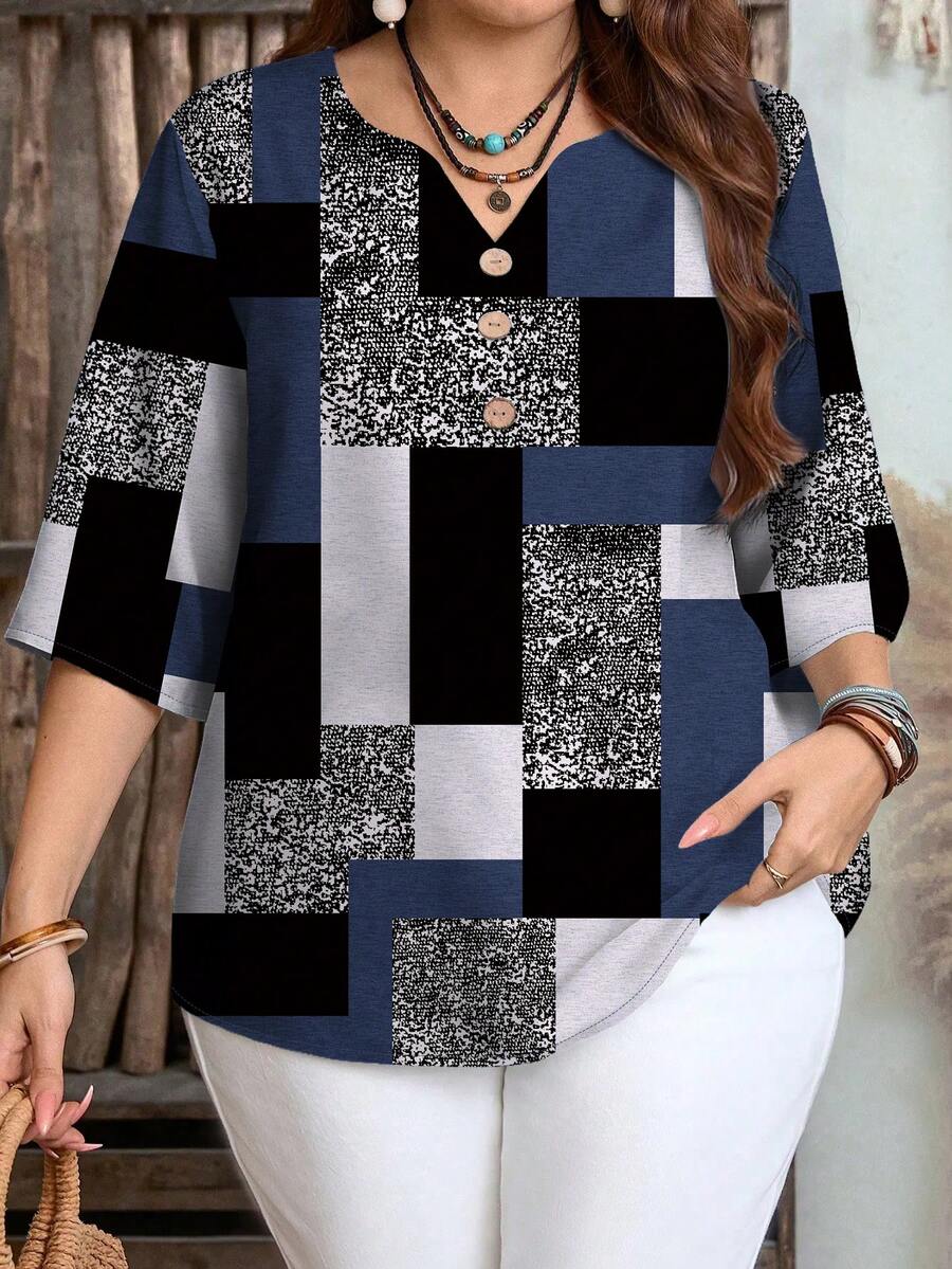 EMERY ROSE Plus Size Casual Geometric Block Colorblock Pattern Shirt, Suitable For Autumn/Summer - Multicolor - View 1