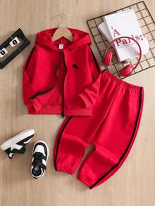 2pcs/Set Toddler Boys' Hooded Sweatshirt And Pants Set, New Autumn/Winter Design, Hooded Zip-Up Jacket With Contrast Striped Pattern, Matching Solid Color Pants, Comfortable Casual Outfit, Suitable For Daily Wear, Family/Sibling Autumn Wear, Sports, School