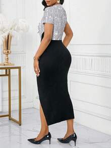 SHEIN Lady Women's Elegant Sequin Patchwork High Slit Dress Elegant Midi Dress Long Bodycon Dress - Silver - View 2