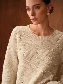 MOTF PREMIUM Áo len cổ tròn đính đá giả ngọc trai ngọt ngào thanh lịch dành cho nữ, mùa thu - Hồng - Xem 4