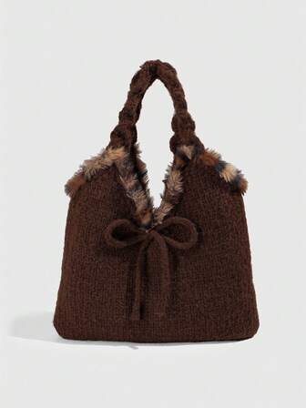 Kawaii 1pc Sweet And Cool Leopard Print Bag With A Brown Single Shoulder Strap, A Vintage Bowknot Handle Knitted Bag, A Cute Autumn And Winter Handbag