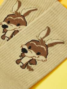 LOONEY TUNES X SHEIN Women's Comfortable Soft Cute Letter & Cartoon Pattern Crew Socks - Coffee Brown - View 3