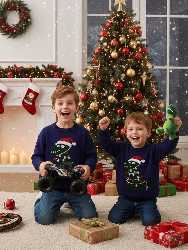 SHEIN Kleine Jungen Lässig Alltags Weihnachten Cartoon Dinosaurier Muster Pullover, Herbst/Winter
