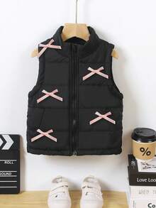 1 Stück Mädchen Schwarze klassische Kragen vielseitige Weste mit Schleifen Dekor, Fake Taschen, Frontverschluss mit Reißverschluss, minimalistisches elegantes Design, geeignet für Lässig Wear, Zuhause, Ausflüge, Schule, Familientreffen, warm und bequem, geeignet für den täglichen Gebrauch, Frühling/Herbst/Winter